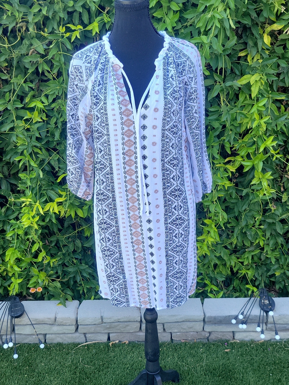 White Boho Embroidered Tunic Dress M